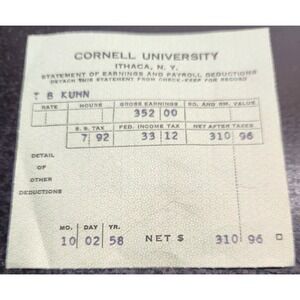 Vintage Cornell University 1958 Payroll Statement - Retro Tax Deductions